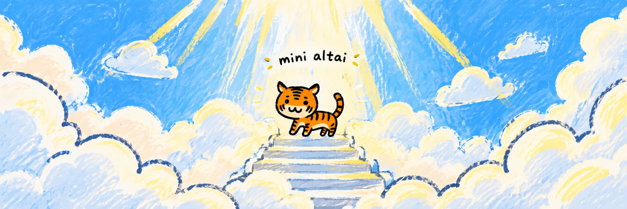 mini altai standing on a stairway in the clouds